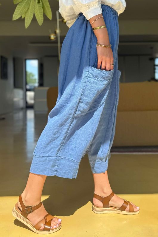 Made in Italy Pure Linen Classic 7/8 Pull On Pant Denim  